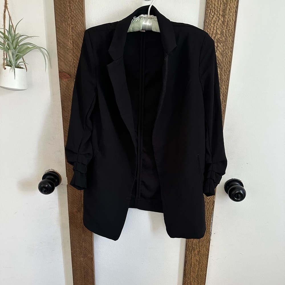 Philosophy Open Front Ruched Sleeves Shoulder Pad Black Blazer Women’s XS